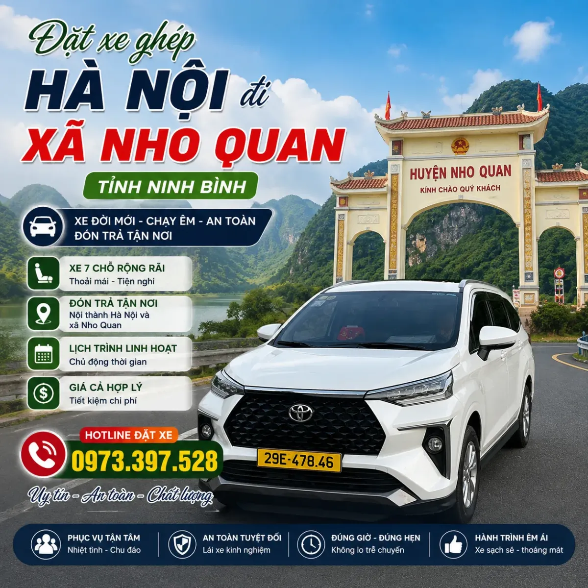 Đặt xe ghép Hà Nội đi xã Nho Quan, tỉnh Ninh Bình