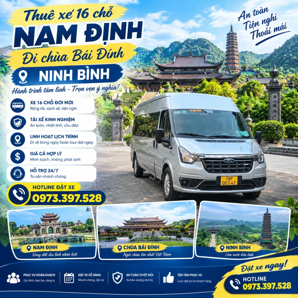 Thuê xe 16 chỗ Nam Định đi chùa Bái Đính, Ninh Bình