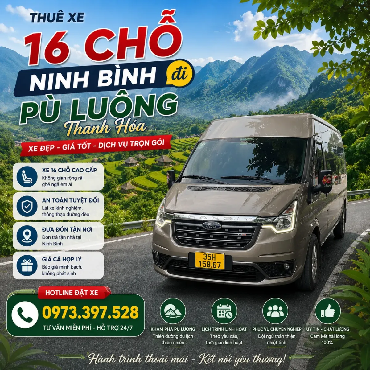 Thuê xe 16 chỗ Ninh Bình đi du lịch Pù Luông, Thanh Hóa