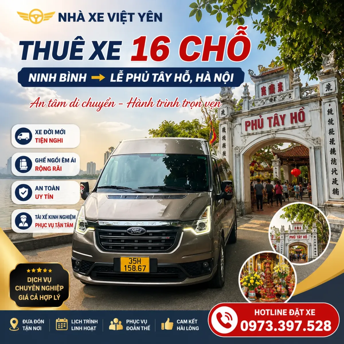 Thuê xe 16 chỗ Ninh Bình đi lễ Phủ Tây Hồ, Hà Nội