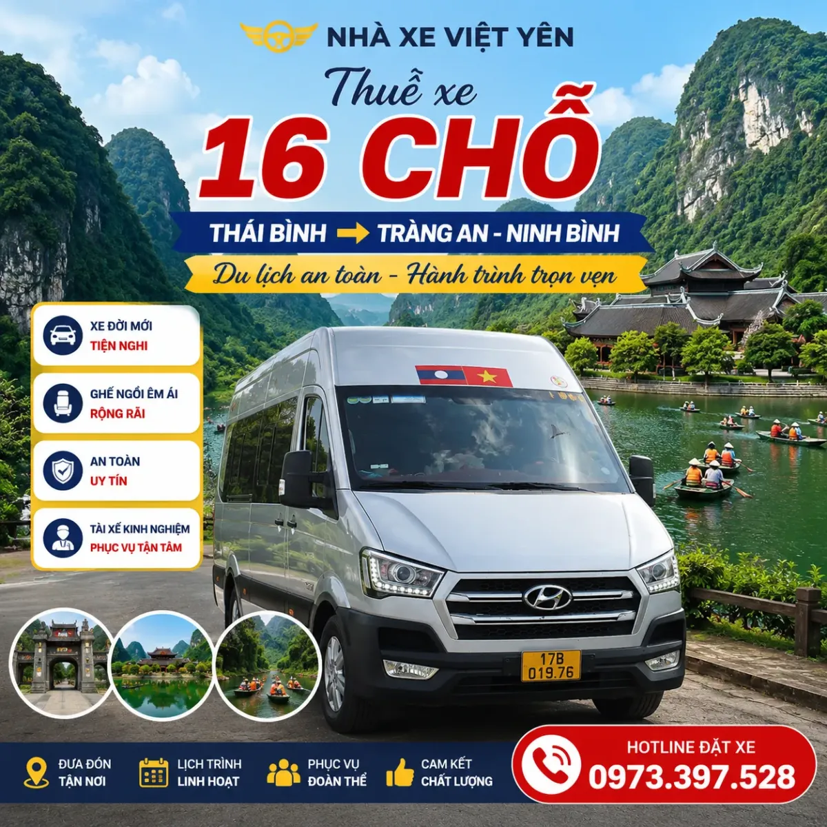 Thuê xe 16 chỗ Thái Bình đi du lịch Tràng An tỉnh Ninh Bình