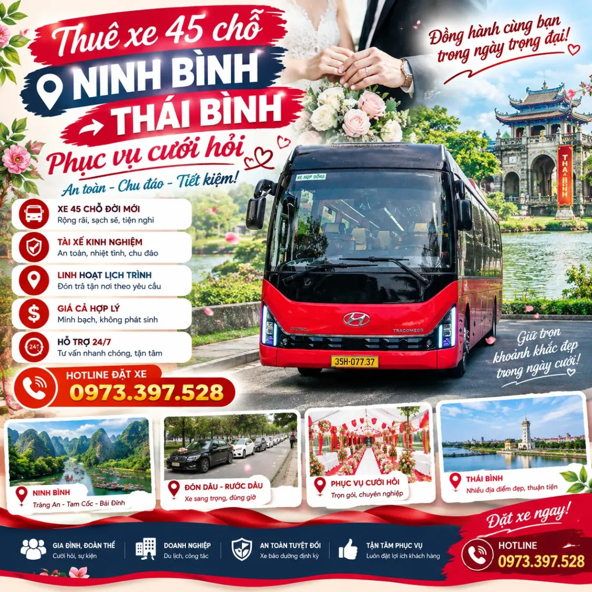 Thuê xe 45 chỗ Ninh Bình đi Thái Bình phục vụ cưới hỏi